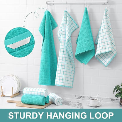 Homaxy Premium Cotton Kitchen Towels 16"x 28", Large Natural Ring Spun 390 GSM Dish Towels, Super Absorbent Terry Kitchen Hand Towels, Soft Tea Towels with Hanging Loop, Aqua Check Design, 8 Pack