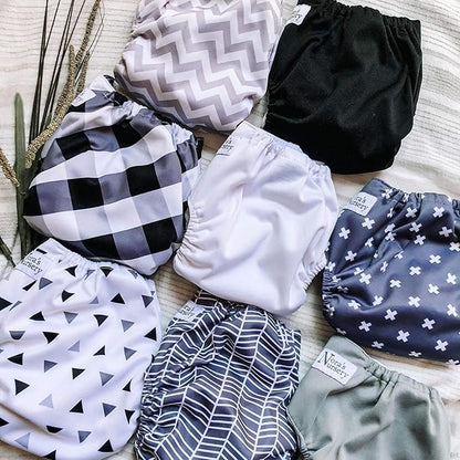 Nora's Nursery Cloth Diapers 7 Pack with 7 Inserts & 1 Wet Bag - Waterproof Cover, Washable, Reusable & One Size Adjustable Pocket Diapers for Newborns and Toddlers - B&W Unisex 2