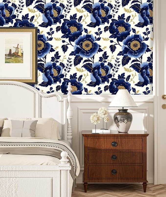 Fvlow Navy Floral Wallpaper Peel and Stick Dark Blue Large Flower Contact Wall Paper Waterproof Self-Adhesive Wall Covering for Bedroom Countertop Desk Cabinets Decor Renter Friendly 17.4" x 118"