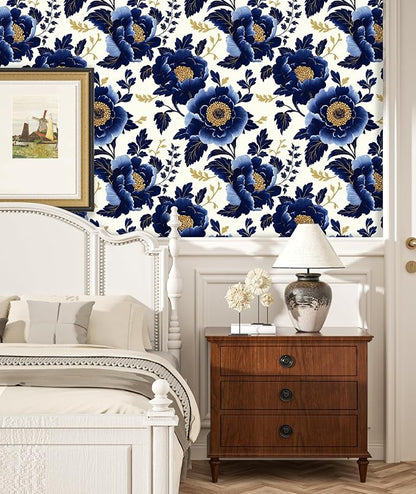 Fvlow Navy Floral Wallpaper Peel and Stick Dark Blue Large Flower Contact Wall Paper Waterproof Self-Adhesive Wall Covering for Bedroom Countertop Desk Cabinets Decor Renter Friendly 17.4" x 118"