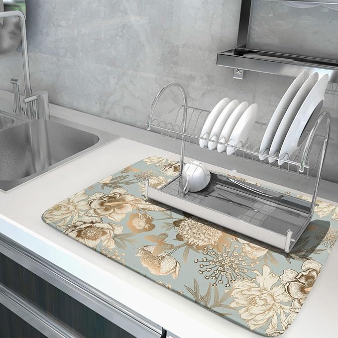 Retro Flower Bird Dish Drying Pad 18 x 24 Inch With Absorbent Reversible Microfiber Vintage Blue Gold Floral Drying Mats Dish Drainer Mat Fast Dry For Kitchen Dining Room Decoration