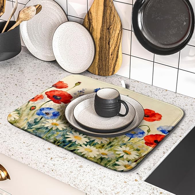 4th of July Dish Drying Mat for Kitchen Counter 16x18 Red Blue White Patriotic Floral Memorial Day Holiday Absorbent Reversible Microfiber Drying Mats Kitchen Countertop Protector Dishes Drainer Pad