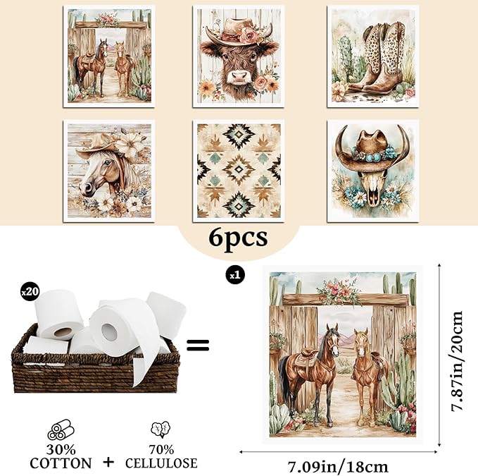 Western Cowboy Swedish Dishcloths for Kitchen, 6 Pcs Reusable Highland Cow Swedish Dish Cloths, Absorbent Sponge Cleaning Dish Cloths for Farmhouse Kitchen Cooking Home Decoration Housewarming Gifts