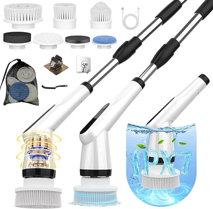 Electric Spin Scrubber, Dreazu IPX7 Shower Scrubber with 7 Replaceable Brush Heads & Retractable Handle, 2-Speed Adjustable Shower Cleaner for Bathroom,Toilet, Bathtub, Kitchen, Tile Floors