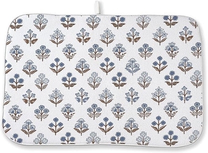 Blue Brown Block Print Dish Drying Mats 18x24 Inch Blue Brown Vintage Spring Floral Drying Mats Seasonal Outdoor Decorations Absorbent Drying Dish Mats for Kitchen Dining Room Counter Decor