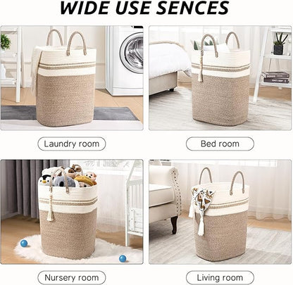 Woven Laundry Basket for Clothes, 50 L Large Rectangle Laundry Hampers with Beads Tassel, Nursery Storage Basket for Toys, Tall Dirty Clothes Hamper for Bedroom Aesthetic, Laundry Room Organization