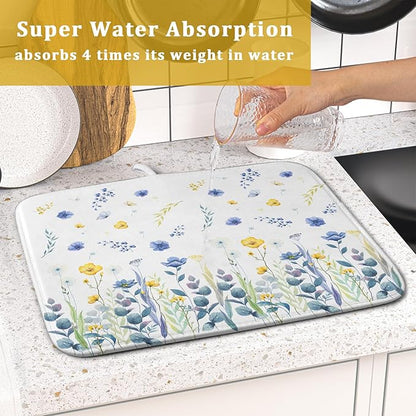 Floral Dish Drying Mat for Kitchen Counter 18x16 Inch Yellow Purple Flower Drying Mat with Absorbent Reversible Microfiber Season Spring Dish Drainer Mats Rack Pad for Coffee Countertop Protector