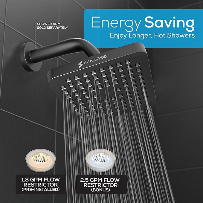 SparkPod Shower Head - High Pressure Rain - Premium Quality Luxury Design - Easy Clean Adjustable Replacement for Your Bathroom Shower Heads (Midnight Black Matte, 6 Inch Square)