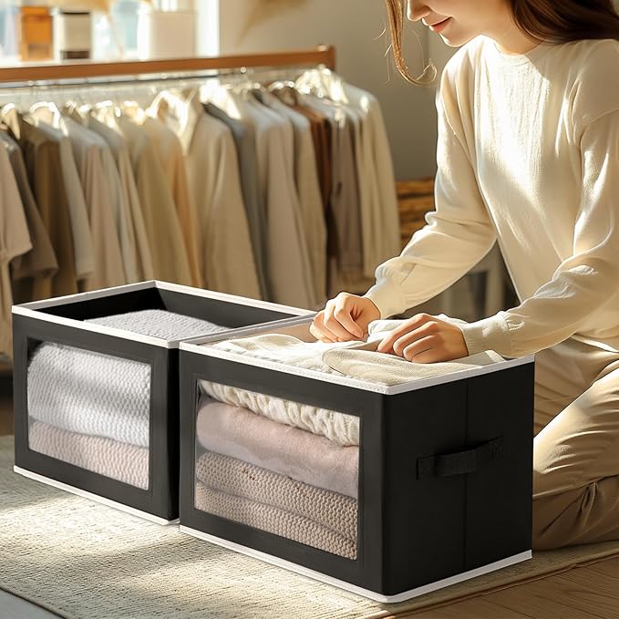 Large Storage Baskets with Lids - Stackable Cube Bins for Closet, 6 Pack Black Windows Organizer Bins, Home Organizers and Storage for Clothes, CD, Towels