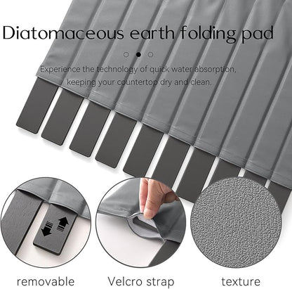 Large Stone Dish Drying Mat for Kitchen Counter 24x16 Inch - Super Absorbent Quick Dry Diatomaceous Earth with PU Leather, Foldable Space Saving Stone Bath Mats for bathroom