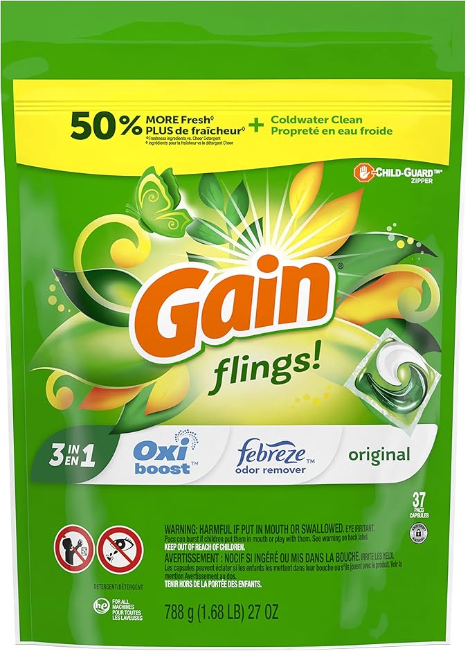 Gain flings! Liquid Laundry Detergent Soap Pacs, HE Compatible, 3 Bag Value Pack, 111 Count, Long Lasting Scent, Original Scent