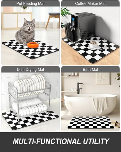 Rnivvi Dish Drying Mat for Kitchen Counter, 12 x 19" Cute Checkered Absorbent Draining Pad, Non-Slip Heat Resistant Coffee Bar Mats for Coffee Machine Station Accessories, Black White Dish Rack Pad