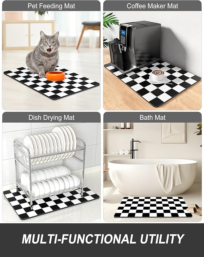 Rnivvi Dish Drying Mat for Kitchen Counter, XL 15 x 24" Cute Checkered Absorbent Draining Pad, Non-Slip Heat Resistant Coffee Bar Mat for Coffee Machine Station Accessories, Black White Dish Rack Pad