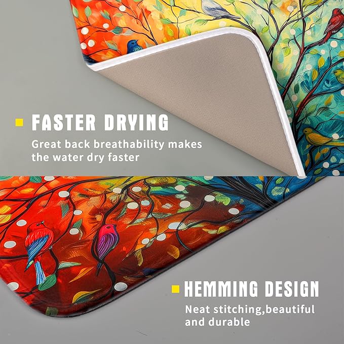 Colorful Spring Tree Bird Dish Drying Mats for Kitchen Counter 16”x18” Absorbent Reversible Microfiber Spring Floral Dish Drying Pad Seasonal Flowers Mat Dish Draining Mat for Countertop Table Decor