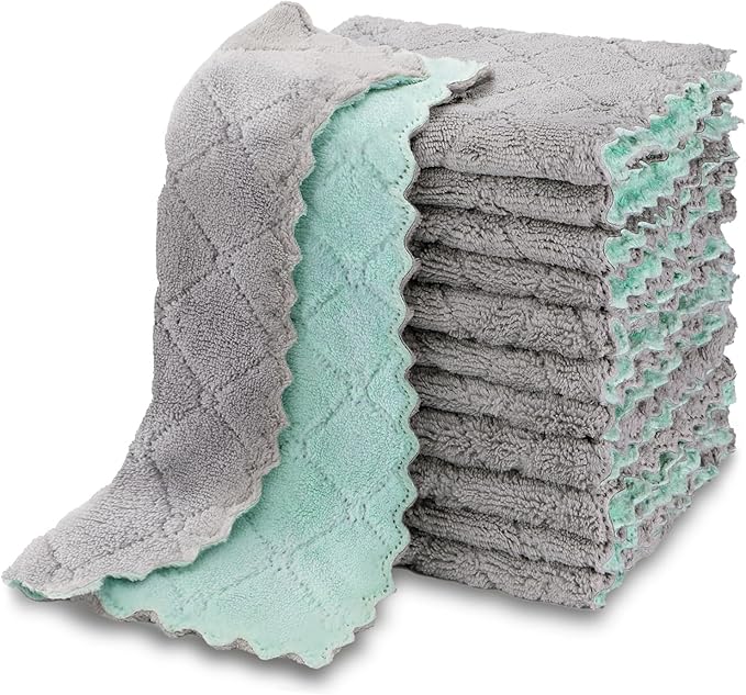 AIDEA Kitchen Towels, 12 Pack Absorbent Coral Fleece Dish Towels, No Odor Reusable Dish Cloths, Microfiber Cleaning Cloths, Fast Drying Dishcloths, 6.3" x10.4"