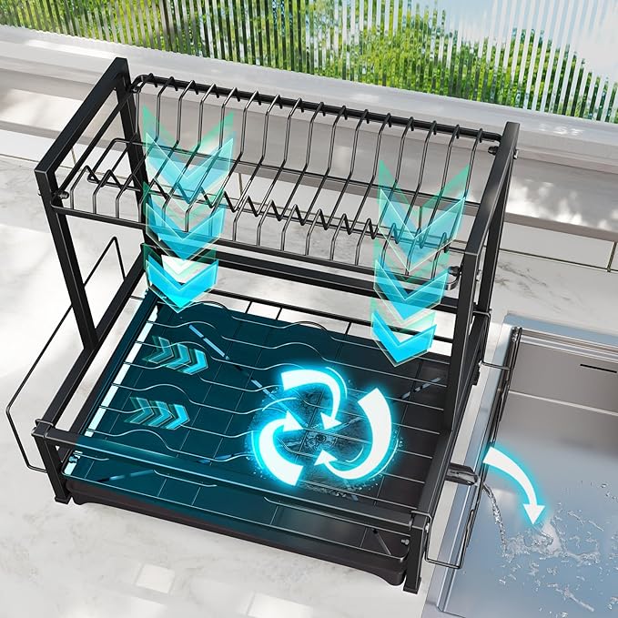 Simple Trending Dish Drying Rack, 2-Tier Dish Rack for Kitchen, Stainless Steel Dish Drainer, Black