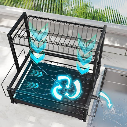 Simple Trending Dish Drying Rack, 2-Tier Dish Rack for Kitchen, Stainless Steel Dish Drainer, Black