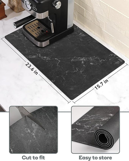 SUEH DESIGN Coffee Mat, Absorbent Dish Drying Mat 23.6 x 15.7 in Quick Dry Coffee Mat Large Drying Mats for Kitchen Counter Coffee Bar, Marble Black