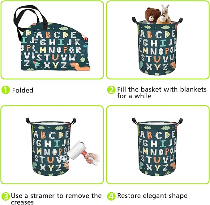 Laundry Basket Funny Alphabet with Cute Dinosaurs Laundry Basket Oxford Cloth Laundry Hamper Large Storage Baskets Toy Organizer Tote Bag For Bedroom Clothes Bathroom 17.3(H) x16.5(D) Inch