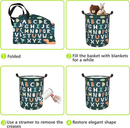 Laundry Basket Funny Alphabet with Cute Dinosaurs Laundry Basket Oxford Cloth Laundry Hamper Large Storage Baskets Toy Organizer Tote Bag For Bedroom Clothes Bathroom 17.3(H) x16.5(D) Inch