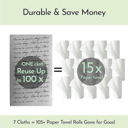 Long Gray 7‑Pack Swedish Dishcloths – Reusable,Cellulose Sponge Dish Cloths for Washing Dishes, Paper Towel Replacement, Plastic-Free Packaging, Super Absorbent