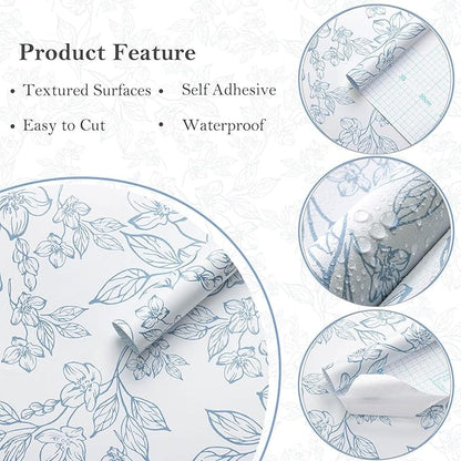 Ismoon Floral Wallpaper Peel and Stick Blue and White Contact Paper Vintage Textured Removable Wallpaper Self Adhesive Renter Friendly Wall Paper 17.3x196in