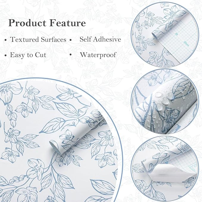 Ismoon Vintage Floral Peel and Stick Wallpaper White and Blue Wallpapaer Contact Paper Thicken Removable Textured Self Adhesive Wall Paper for Bedroom 17.3x393in