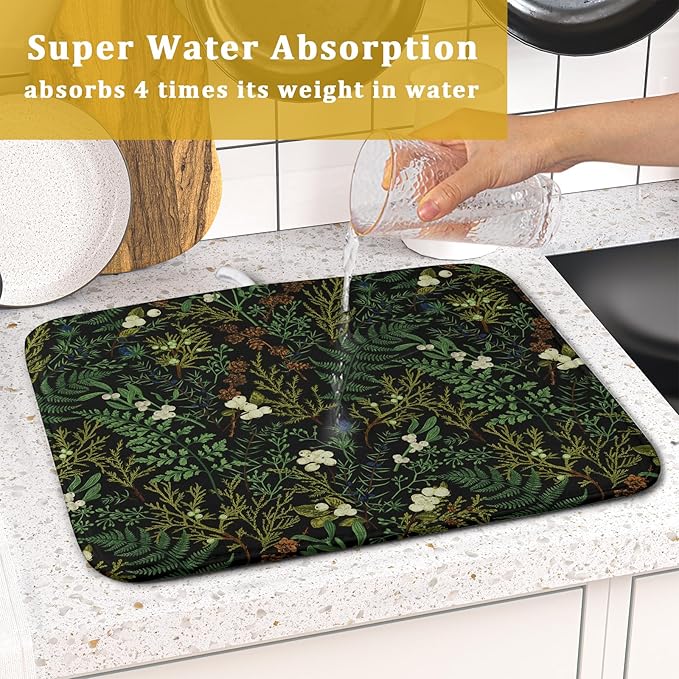 Black Sage Green Plant Dish Drying Pad 16 x 18 Inch with Absorbent Reversible Microfiber Vintage Botanical Fern Leaves Floral Drying Mats For Kitchen Counter Dining Room Decoration