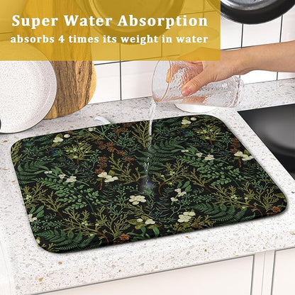 Black Sage Green Plant Dish Drying Pad 16 x 18 Inch with Absorbent Reversible Microfiber Vintage Botanical Fern Leaves Floral Drying Mats For Kitchen Counter Dining Room Decoration