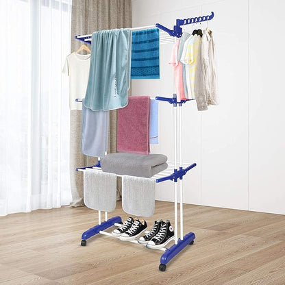 Clothes Drying Rack with Wheels, Multifunctional, 4 Levels, Foldable Stand, Space Saving with Wings Laundry Tower for Indoor and Outdoor Use (Blue White)
