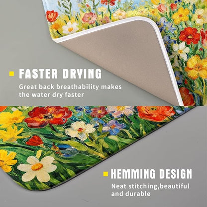 Spring Summer Floral Dish Drying Mat for Kitchen Counter 16x18 Green Yellow Blue Flower Wildflower Print Absorbent Reversible Microfiber Drying Mats Kitchen Countertop Protector Dishes Drainer Pad