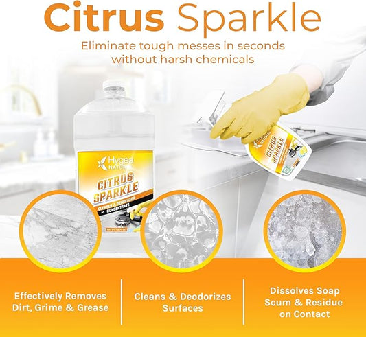 Hygea Natural Citrus Sparkle Chemical-Free Heavy Duty Degreaser & All Purpose Cleaner-Pure Citrus Extracts & Natural D-limonene-Removes Grease, Dirt & Grime (24oz Spray & 128oz of Concentrated Gallon)