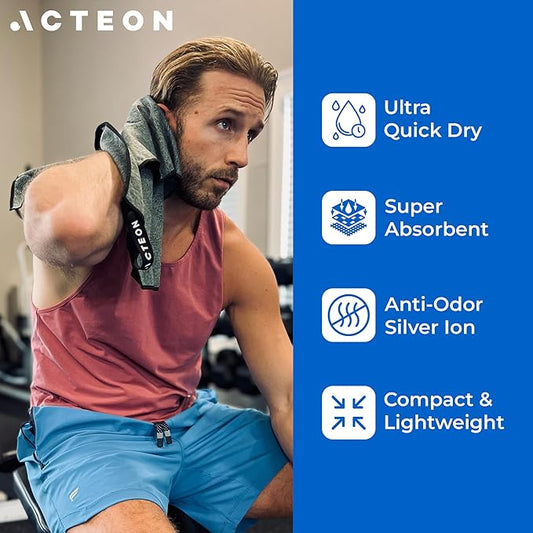 Acteon Microfiber Quick Dry Gym Towel, Silver ION Odor-Free Absorbent Fiber, Fast Drying, Men & Women Workout Gear for Body Sweat, Working Out, Towels Charcoal Grey