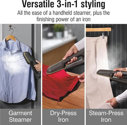CHI SteamPress 3-in-1 Handheld Garment Steamer & Clamping Steam Iron, No Ironing Board Needed, 200ml Water Tank, 9 Minutes of Steaming, 25 Second Fast Heat-Up, 1500 Watts, 10’ Cord, Black (11600)