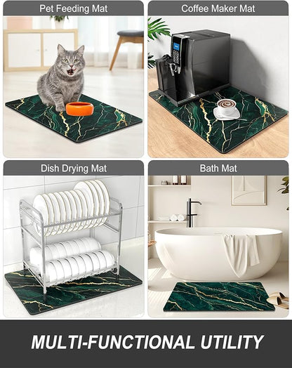 Rnivvi Dish Drying Mat for Kitchen Counter, 12 x 19" Cute Marble Super Absorbent Draining Pad, Non-Slip Heat Resistant Coffee Bar Mats for Coffee Machine Station Accessories, Green Gold Dish Rack Pad