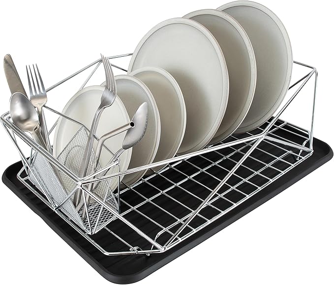 Kitchen Details Geode Deluxe Dish Drying Rack with Drain Board | Cutlery Basket | Utensil Holder | Iron Frame | Chrome
