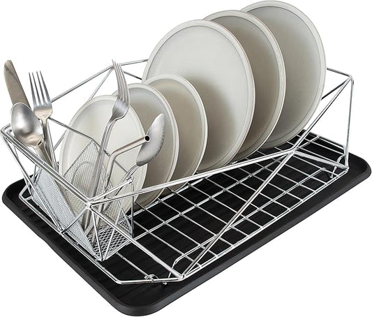 Kitchen Details Geode Deluxe Dish Drying Rack with Drain Board | Cutlery Basket | Utensil Holder | Iron Frame | Chrome