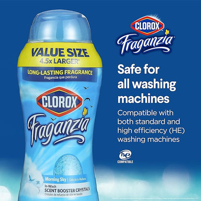 Clorox Fraganzia Laundry Scent Booster Crystals, In-Wash Fragrance Beads for Fresh-Smelling Clothes & Linens, Safe for All Fabrics & Colors, Easy-Pour Bottle, Morning Sky Scent, 70 Oz