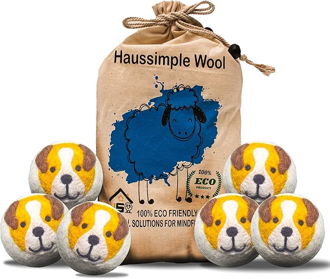 Wool Dryer Balls Organic Felt Laundry Fabric Softener XL Reusable Handmade Natural New Zealand Sheep Wool Lint Wrinkle Free Anti Static Clothes 6-Pack (Yellow Dog)