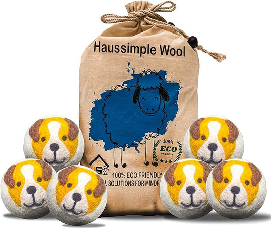 Wool Dryer Balls Organic Felt Laundry Fabric Softener XL Reusable Handmade Natural New Zealand Sheep Wool Lint Wrinkle Free Anti Static Clothes 6-Pack (Yellow Dog)