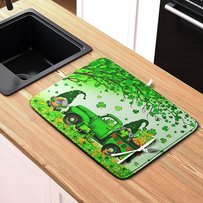 St Patrick's Day Shamrock Dish Drying Mat for Kitchen Counter Green Gnome Truck Dish Dry Mat St Patrick Spring Drying Mats Microfiber Absorbent Dish Drainer Rack Mat Large 18x24 Inch