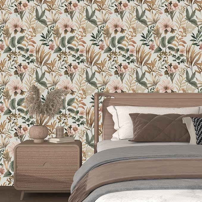 Vintage Floral Peel and Stick Wallpaper Pink Green Gold Botanical Contact Paper Vinyl Self Adhesive Removable Retro Leaf Wall Mural for Living Room Walls Cabinet Dresser Table Decor 17.5" x 118"