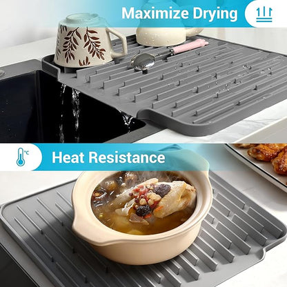 Silicone Dish Drying Mat for Kitchen Counter, Foldable & Heat Resistant Drying Pad with 5° Slope & Wide Drain, 15x12 Inch Non-slip Sink Mat for Bathroom and Countertop.(Dark Grey）