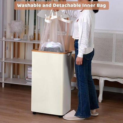 Laundry Basket with Wheels, 110L Clothes Hamper for Laundry, Laundry Hamper with Bamboo Lid and Inner Bag, for Laundry Room, Bedroom, Dormitory Storage,Pink