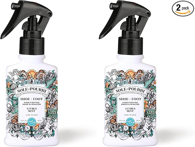 Sole-Pourri Shoe Deodorizer + Foot Spray,3.4 Fl Oz,Up to 150 Uses,Funk-Fighting Odor Freshener with Essential Oils,for Smelly Shoes,Feet & Gym Bags,Citrus & Mint Scent,(Pack of 2)