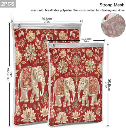 Mesh Laundry Bags Lingerie Bags for Washing Delicates 2 PCS Durable Wash Bag with Zipper Small and Medium Washable Red Retro Elephant Flowers