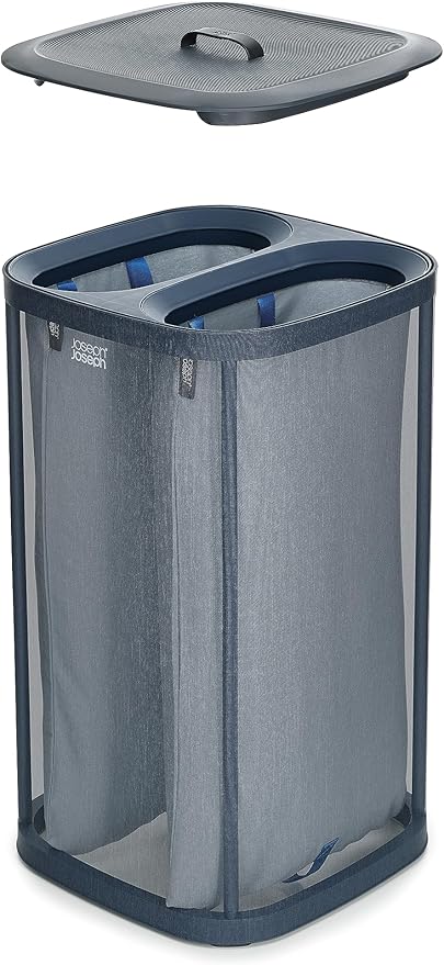 Joseph Joseph Tota 60 liter/15.8 gallon Laundry Hamper Separation Basket with lid, 2 Removable Washing Bags with Handles- Dark Blue
