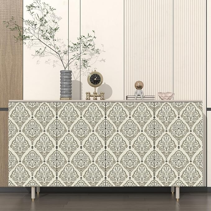 Vintage Khaki Leaf Symmetrical Wallpaper Peel and Stick 17.5" x 118" Simple Beige Floral Pattern Self Adhesive Cantact Paper, Waterproof Removable Vinyl Wall Covering for Bedroom Living Room Cabinet.