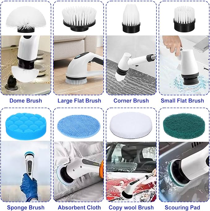 Electric Spin Scrubber Replacement Brush Heads, 8 Pack Cordless Spin Scrubber Brush Replaceable Heads with Base and Storage Bag, Rotatable Cleaning Brushes for Household Bathroom Floor Tile Car