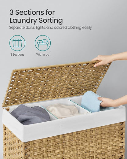 SONGMICS Laundry Hamper with Lid, 42.3 Gallons (160 L), Rolling Laundry Basket with Wheels, 3-Section Synthetic Rattan, Removable Liner, Bedroom, 29.9 x 13 x 26 Inches, Natural ULCB365N01